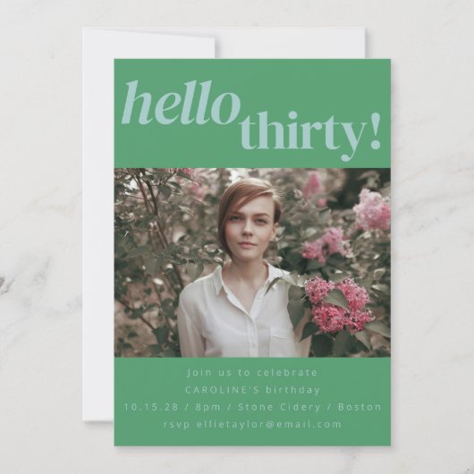 はっきりしたおもしろいモダングリーン30th誕生日パーティー写真 招待状 (正面)