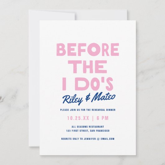 はっきりしたおもしろいモダン型ブルーのリハ結婚ーサルディナー 招待状 (正面)