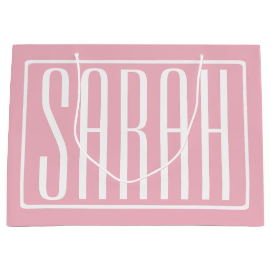 はっきりしたお名前モダンまたは単語 |ピンクの白 ラージペーパーバッグ (正面)