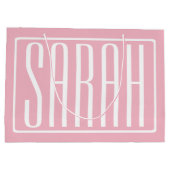 はっきりしたお名前モダンまたは単語 |ピンクの白 ラージペーパーバッグ (裏面)