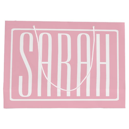 はっきりしたお名前モダンまたは単語 |ピンクの白 ラージペーパーバッグ (裏面)