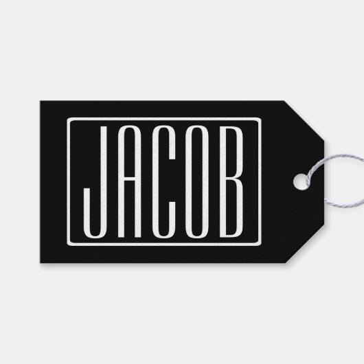 はっきりしたお名前モダンまたは単語 |黒の上に白 ギフトタグ (正面(横))