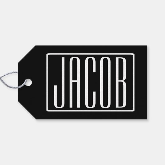 はっきりしたお名前モダンまたは単語 |黒の上に白 ギフトタグ (裏面横)