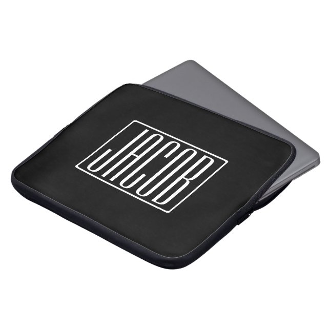 はっきりしたお名前モダンまたは単語 |黒の上に白 ラップトップスリーブ (正面上部)