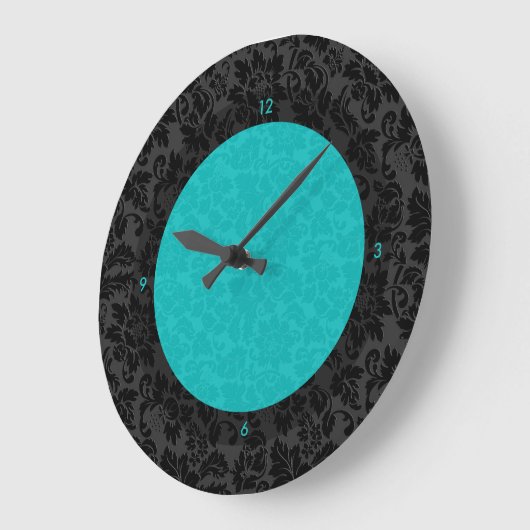 はっきりしたでエレガントな黒およびターコイズの花柄のダマスク織 ラージ壁時計 (傾斜)