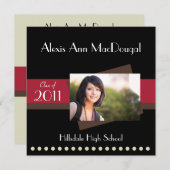 はっきりしたでストライプな卒業の発表(赤い) 招待状 (正面/裏面)