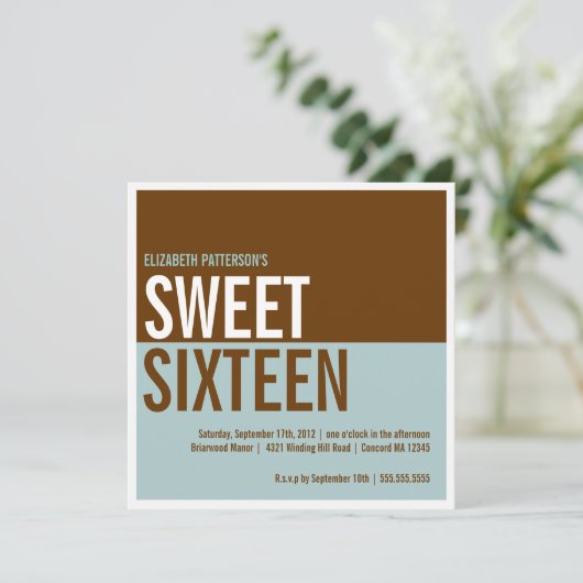 はっきりしたでモダンなティール(緑がかった色)及びブラウンのSweet sixteenの招待状 招待状 (スタンド正面)
