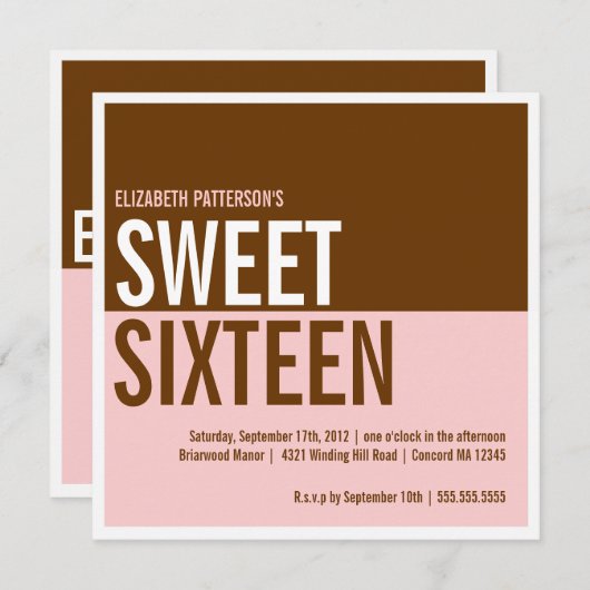 はっきりしたでモダンなピンク及びブラウンのSweet sixteenの招待状 招待状 (正面/裏面)
