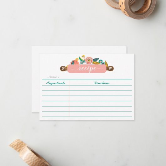 はっきりしたで抽象的な花柄及び群葉麺棒のレシピ ノートカード (正面/裏面インサイチュ)