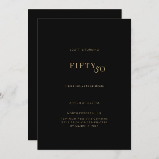 はっきりしたとシンプル黒金ゴールド50誕生日 招待状 (正面/裏面)