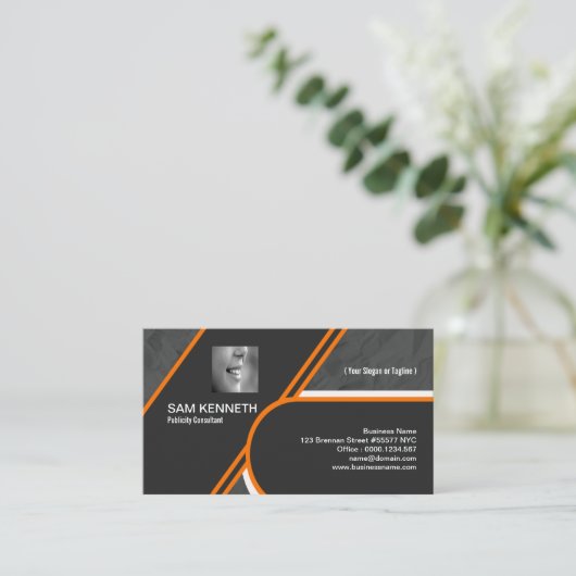 はっきりしたなオレンジボーダー灰色の紙の折目のデザイン 名刺 (スタンド正面)