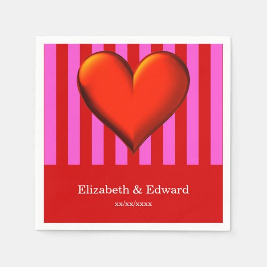 はっきりしたなショッキングピンク、赤のストライプ、赤い金属ハート スタンダードカクテルナプキン (正面)