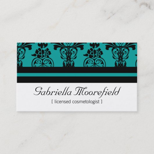 はっきりしたなダマスク織のティール（緑がかった色）の美容師の名刺 名刺 (正面)