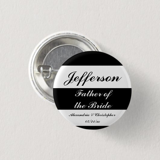 "はっきりしたな名前及び日付と花嫁の父"は縞で飾ります 缶バッジ (正面&裏面)