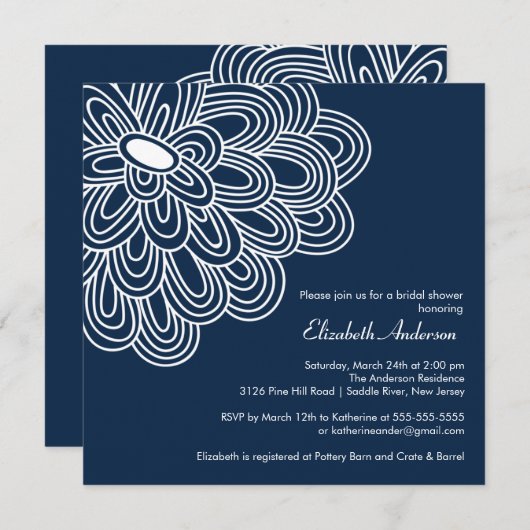 はっきりしたな開花の濃紺のブライダルシャワーの招待状 招待状 (正面/裏面)
