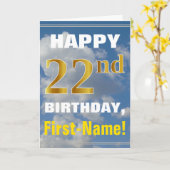 はっきりしたな、曇り空、フェイクな金ゴールドの第22誕生日 + 名前 カード (黄色い花)