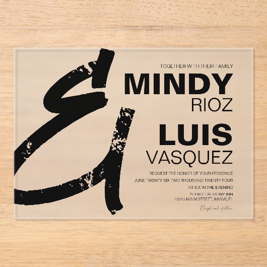 はっきりしたアンパサンドグランジ結婚白黒 アクリル招待状 (正面)