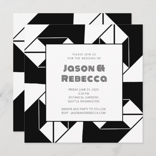 はっきりしたアールデコヴィンテージ白黒結婚タイル 招待状 (正面/裏面)