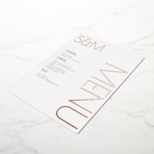 はっきりしたイニシャルの結婚メニュー・カードのプレス日 箔招待状 (回転した状態)