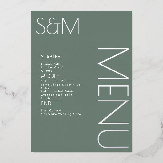 はっきりしたイニシャルの結婚押し銀のメニューカード 箔招待状 (正面)