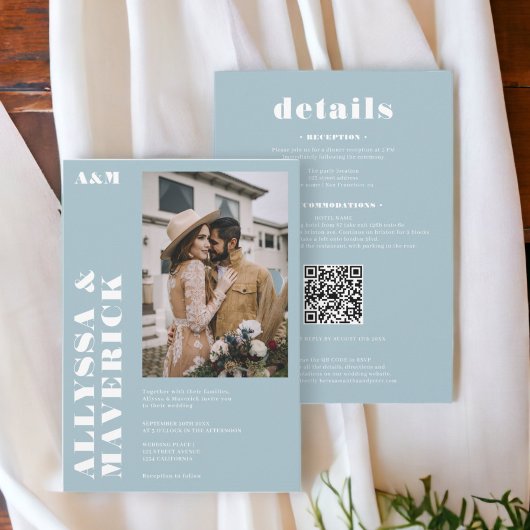 はっきりしたエレガントシンプル白アイスブルー結婚写真 招待状