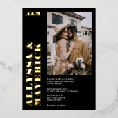 はっきりしたエレガントシンプル黒い写真結婚の 箔招待状 (正面)