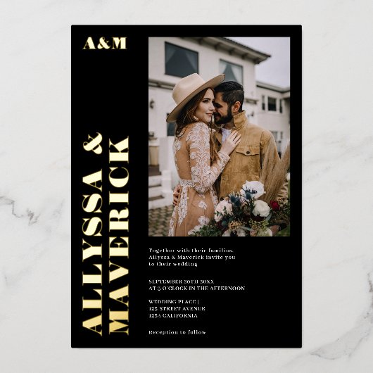 はっきりしたエレガントシンプル黒い写真結婚の 箔招待状 (正面)
