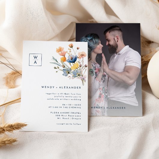 はっきりしたエレガントフローラ紋章結婚の写真 招待状