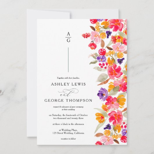 はっきりしたエレガント秋フローラ水彩写真結婚の 招待状 (正面)