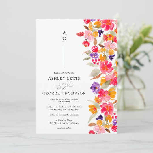 はっきりしたエレガント秋フローラ水彩写真結婚の 招待状 (スタンド正面)