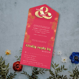 はっきりしたエレガント金ゴールドおよびピンクマゼンタRSVP結婚の オールインワン招待状