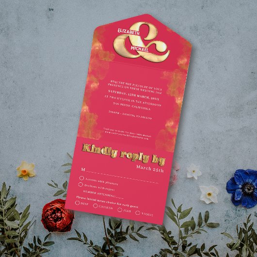 はっきりしたエレガント金ゴールドおよびピンクマゼンタRSVP結婚の オールインワン招待状