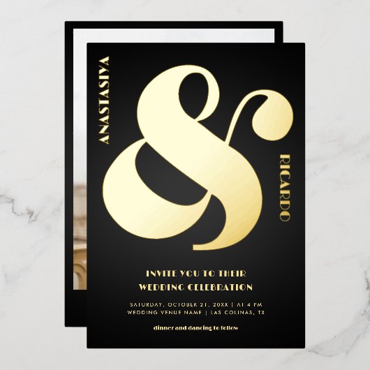はっきりしたオーバーサイズのアンパサンド結婚フォトブラック実在ズ 箔招待状 (正面/裏面)