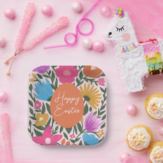 はっきりしたカラフルスタイリッシュ花模様 |オレンジの卵 ペーパープレート (パーティー)