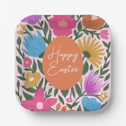 はっきりしたカラフルスタイリッシュ花模様 |オレンジの卵 ペーパープレート (正面)