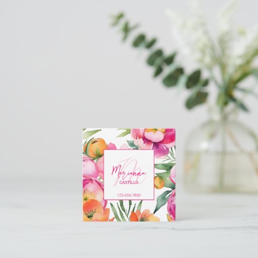 はっきりしたカラフルピンクの花モダンテンプレート スクエア名刺 (スタンド正面)