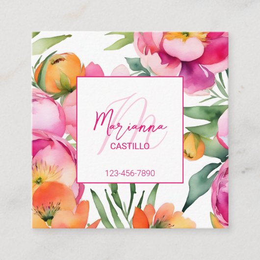 はっきりしたカラフルピンクの花モダンテンプレート スクエア名刺 (正面)