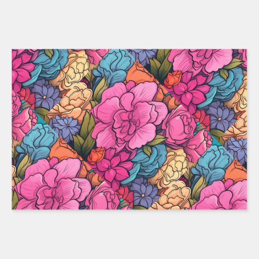 はっきりしたカラフルフローラインスパイアヴィンテージ ラッピングペーパーシート (正面3)