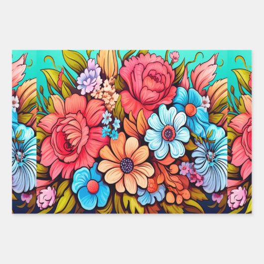 はっきりしたカラフルフローラインスパイアヴィンテージ ラッピングペーパーシート (正面2)