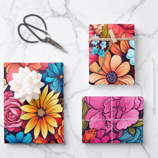 はっきりしたカラフルフローラインスパイアヴィンテージ ラッピングペーパーシート (正面)