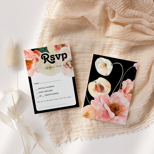 はっきりしたカラフルフローラブラックソングリクエストRSVPカード 出欠カード