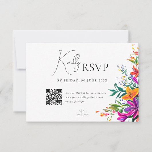 はっきりしたカラフルフローラ夏シック結婚フラワー 出欠カード (正面)