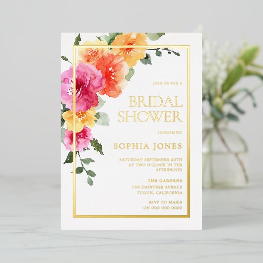 はっきりしたカラフルフローラ水色ブライダルシャワー金ゴールド 箔招待状 (立ち正面)