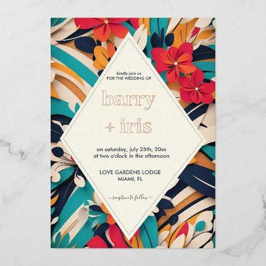 はっきりしたカラフルフローラ結婚レトロ 箔招待状 (正面)