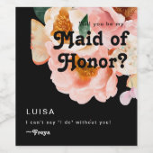 はっきりしたカラフルフローラ・ブラックメイド・オブ・オーナー（花嫁付き添い人）案 ワインラベル (シングルラベル)