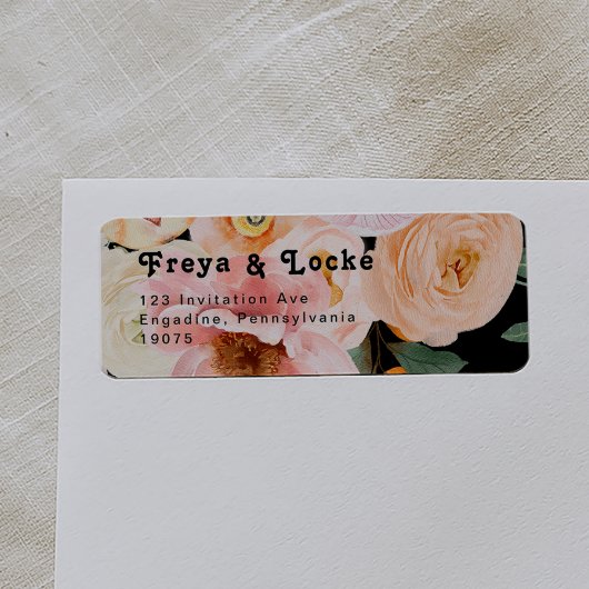はっきりしたカラフルフローラ |ブラック差出人住所ラベル ラベル