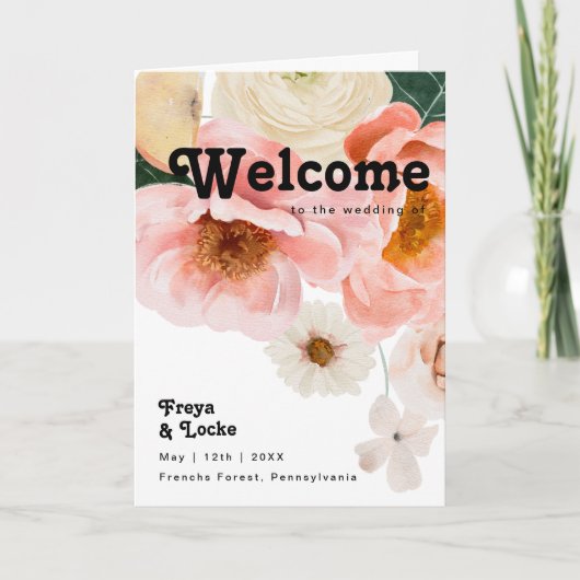 はっきりしたカラフルフローラ |折り曲げ結婚式 プログラム (正面)