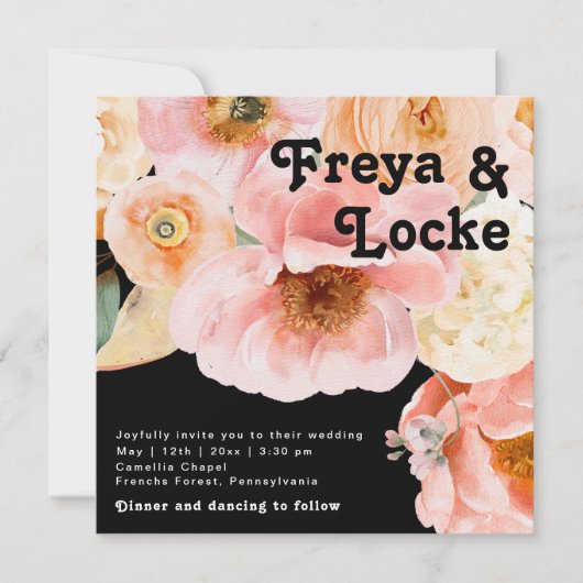 はっきりしたカラフルフローラ |黒い四角結婚形 招待状 (正面)