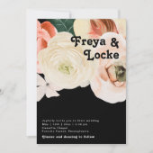 はっきりしたカラフルフローラ |黒カジュアル結婚の 招待状 (正面)