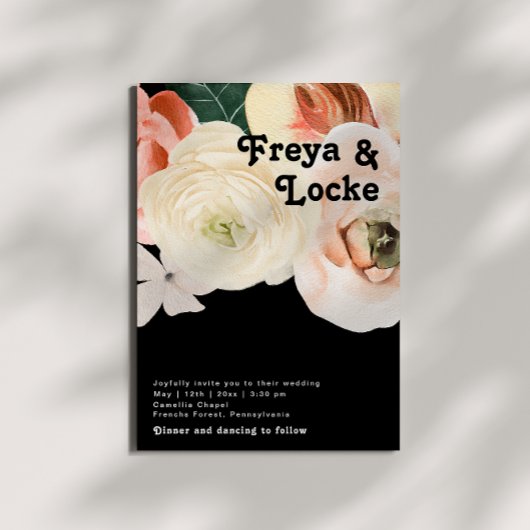 はっきりしたカラフルフローラ |黒カジュアル結婚の 招待状